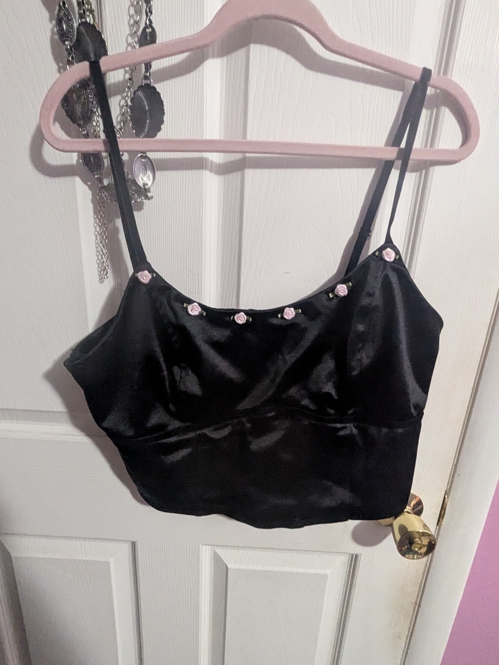 wild fable Black Satin Cami with Pink Rose Accent